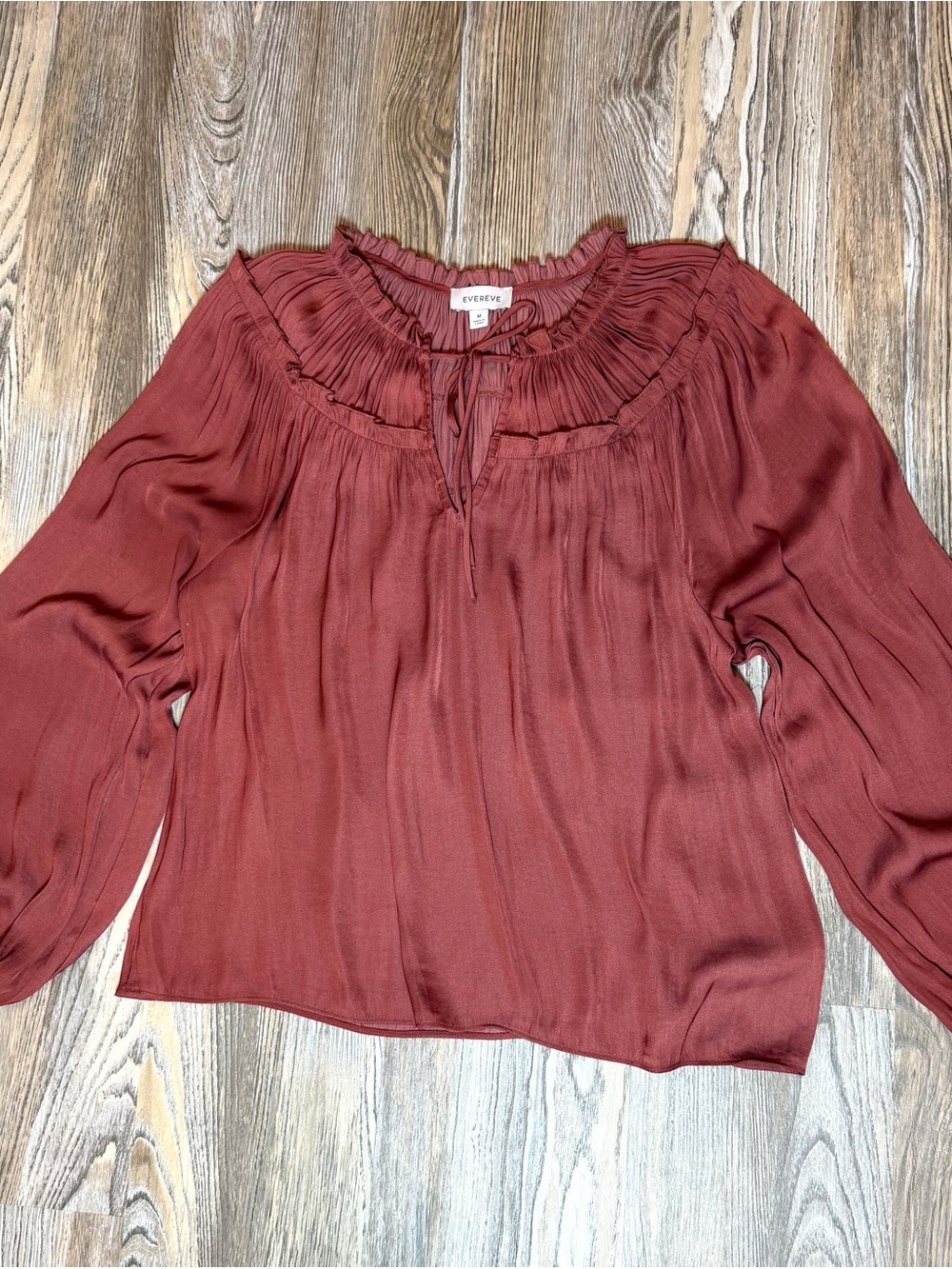 EVEREVE Pleated Neck Tie Front Blouse Rust Orange Terracotta Peasant Top Medium - Picture 6 of 8